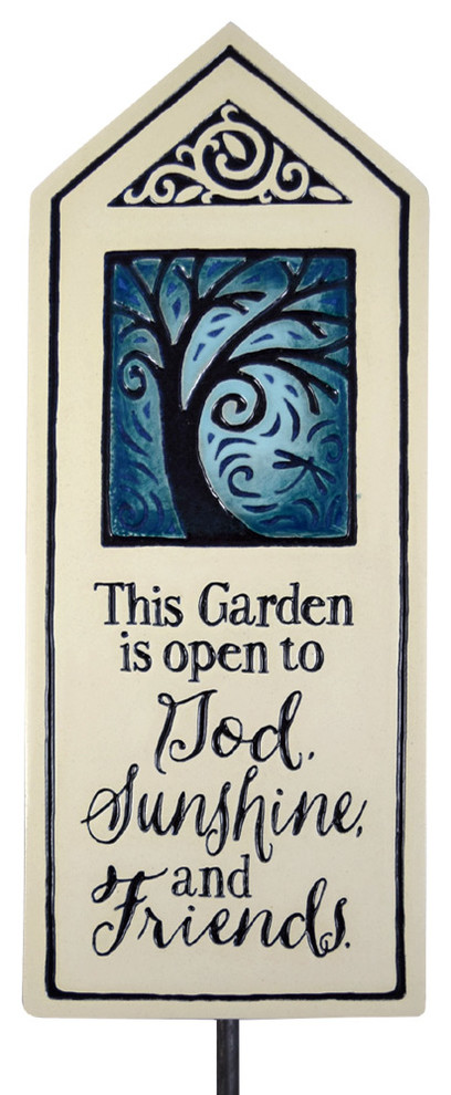 Ceramic Tile Garden Stake: God, Sunshine, Friends Quote, American Made