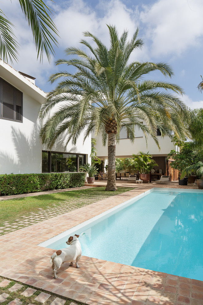 Design ideas for a contemporary backyard rectangular pool in Alicante-Costa Blanca with brick pavers.