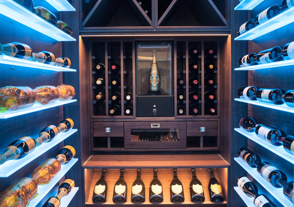 Photo of a small contemporary wine cellar in London with dark hardwood floors and brown floor.
