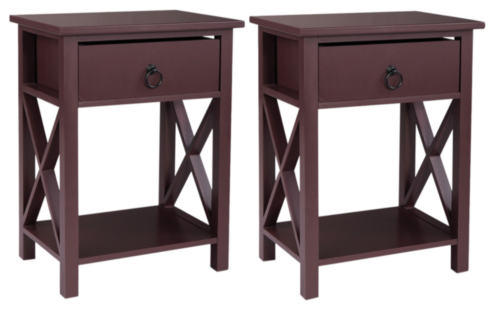 XShaped Nightstand Bedside Table With Drawer Brown, Set of 2