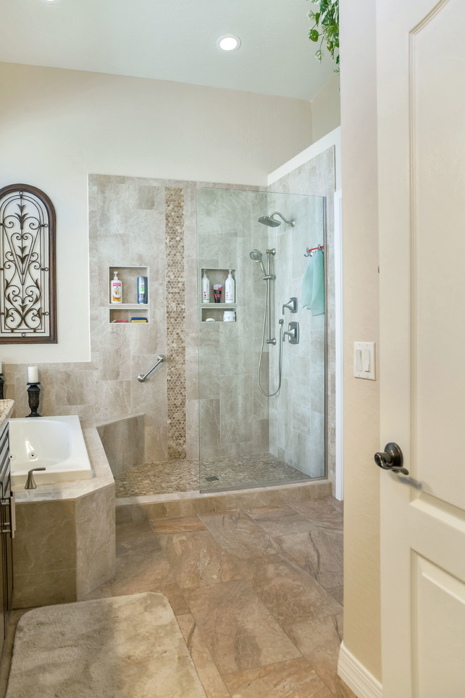 Design ideas for a mid-sized transitional master bathroom in Phoenix with raised-panel cabinets, dark wood cabinets, porcelain floors, an alcove tub, an alcove shower, a one-piece toilet, beige tile, porcelain tile, beige walls, an undermount sink and granite benchtops.