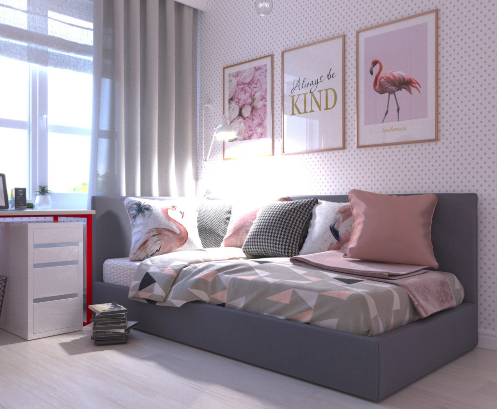 Ejemplo de dormitorio infantil de tamaño medio con paredes blancas, suelo laminado y suelo blanco