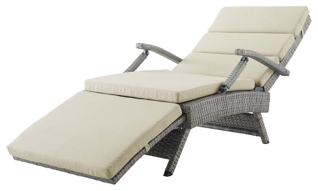 Modern Outdoor Lounge Chair Chaise, Rattan Wicker, Light Gray Beige
