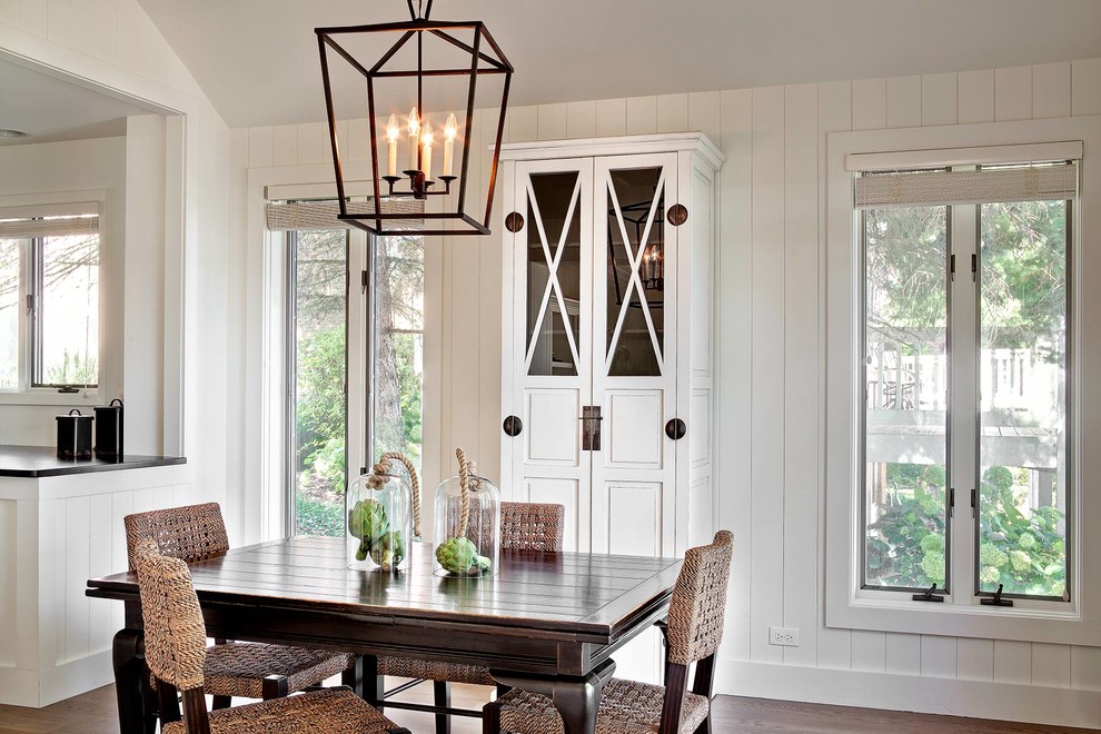 Transitional dining room in Milwaukee with white walls and dark hardwood floors.