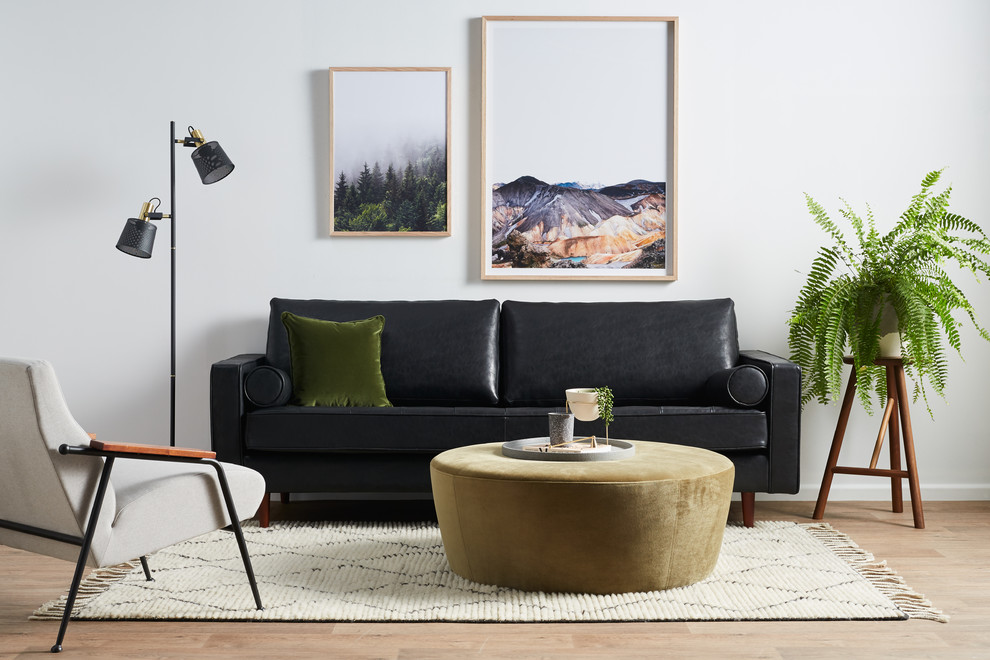 This is an example of a mid-sized scandinavian open concept living room in Sydney with white walls, vinyl floors and beige floor.