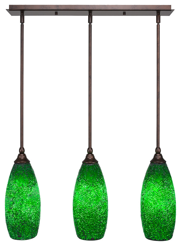3-Light Mini Pendant, Hang Straight Swivels, Bronze, 5.5" Green Fusion Glass