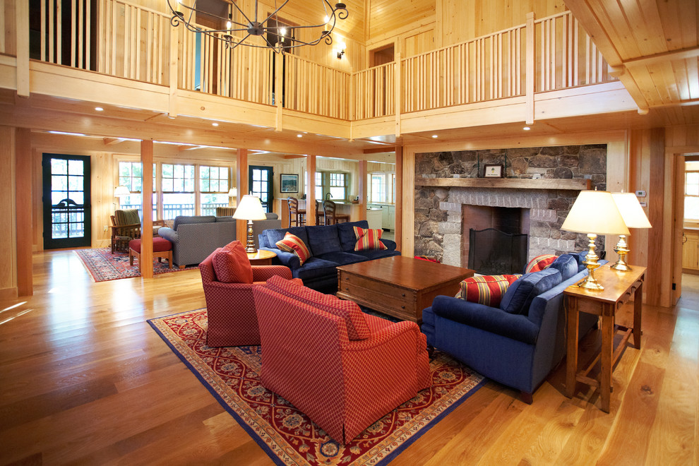 This is an example of a country open concept living room in Portland Maine.
