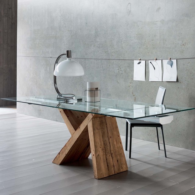 'Tabia' Contemporary wooden dining table with glass top by Sedit