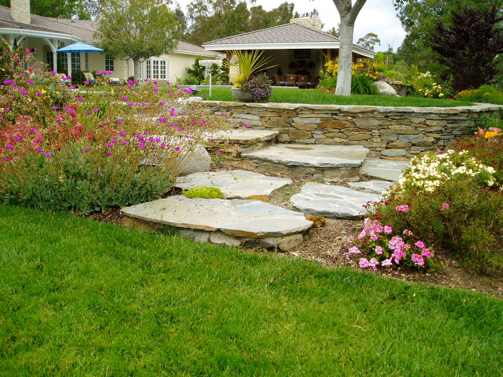 Design ideas for a traditional backyard pool in San Diego with natural stone pavers.