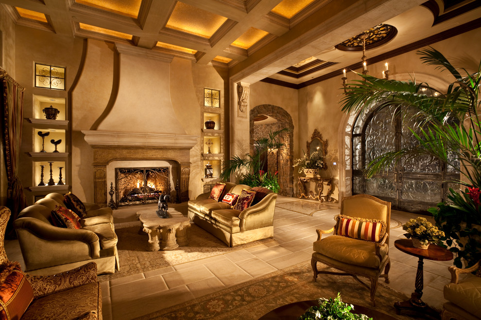 This is an example of a large mediterranean formal open concept living room in Las Vegas with beige walls, porcelain floors, a standard fireplace, no tv and a stone fireplace surround.