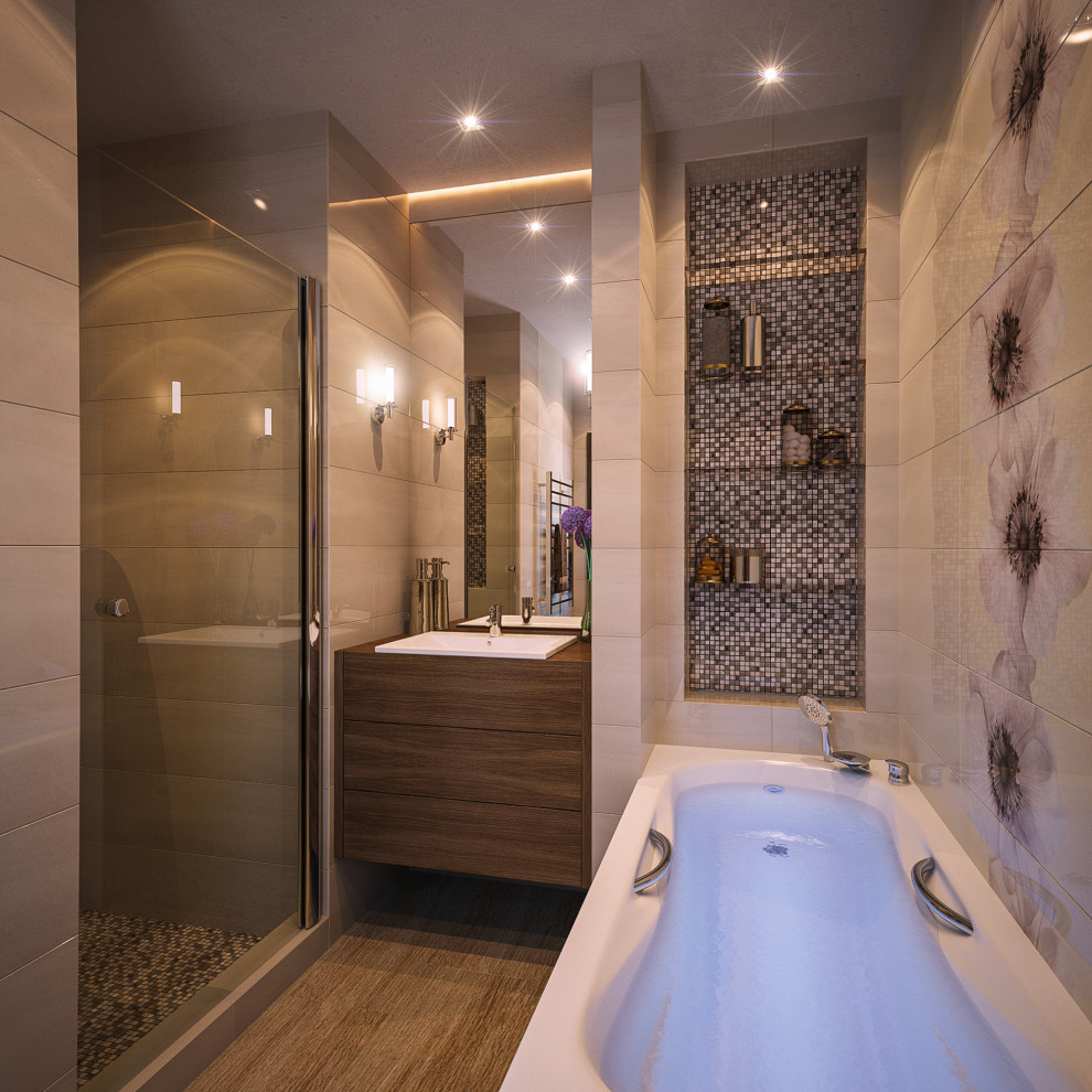 Foto på ett mellanstort funkis badrum, med beige skåp, ett hörnbadkar, en hörndusch, beige kakel, keramikplattor, beige väggar och brunt golv