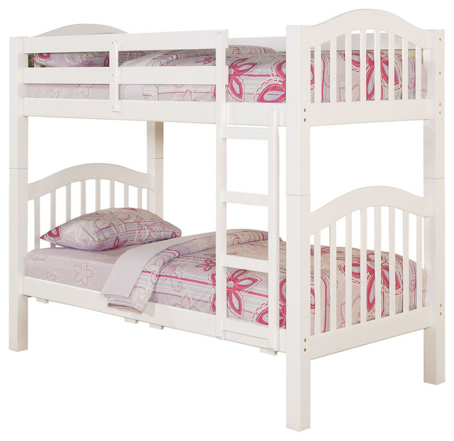 Twin Twin Bunk Bed, Pine Wood, Birch Veneer, White - Transitional 