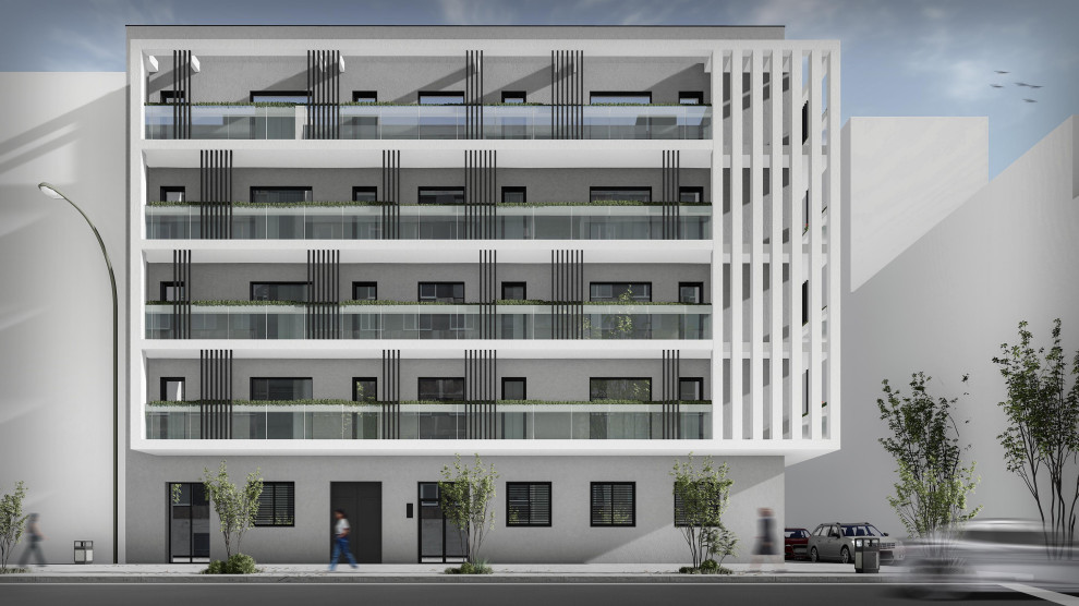 This is an example of a large contemporary white apartment exterior in Barcelona with four or more storeys, mixed siding, a flat roof and a black roof.