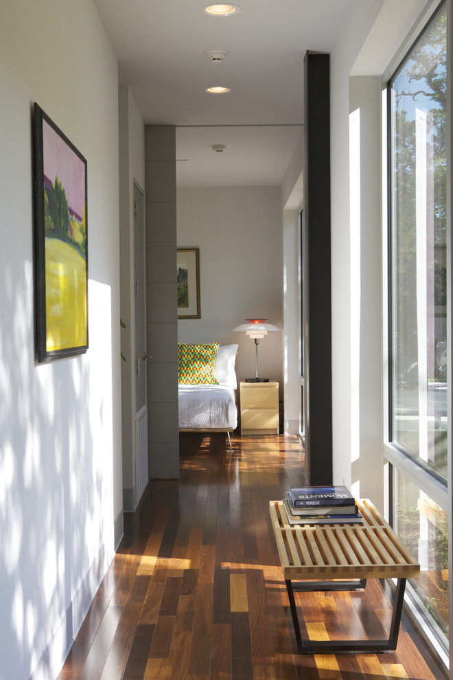 This is an example of a contemporary hallway in Austin with white walls and dark hardwood floors.