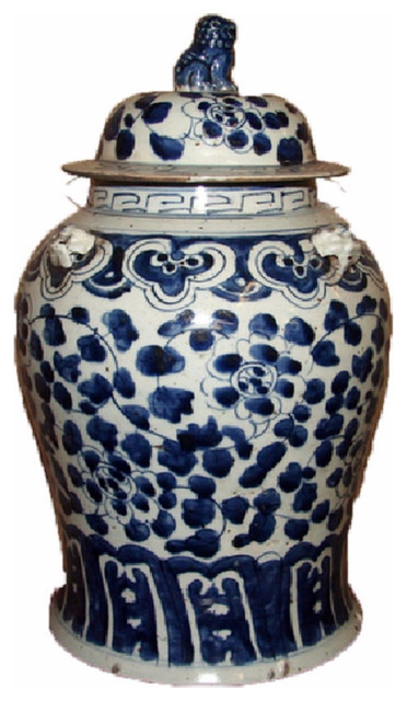 Vintage Style Blue and White Floral Motif Porcelain Temple Jar 19"