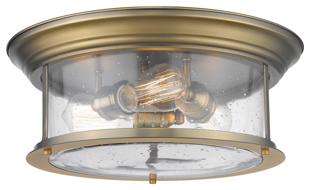 Sonna 3 Light Flush Mount in Heritage Brass with Clear Seedy Glass Shade
