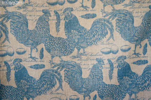 Chicken rooster toile fabric document script blue turquoise