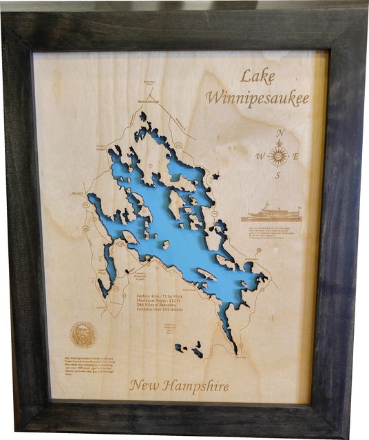 Lake Winnipesaukee Map Framed Lake Winnipesaukee, New Hampshire-Wood Lake Map - Contemporary - Wall  Accents - By Phd's | Houzz