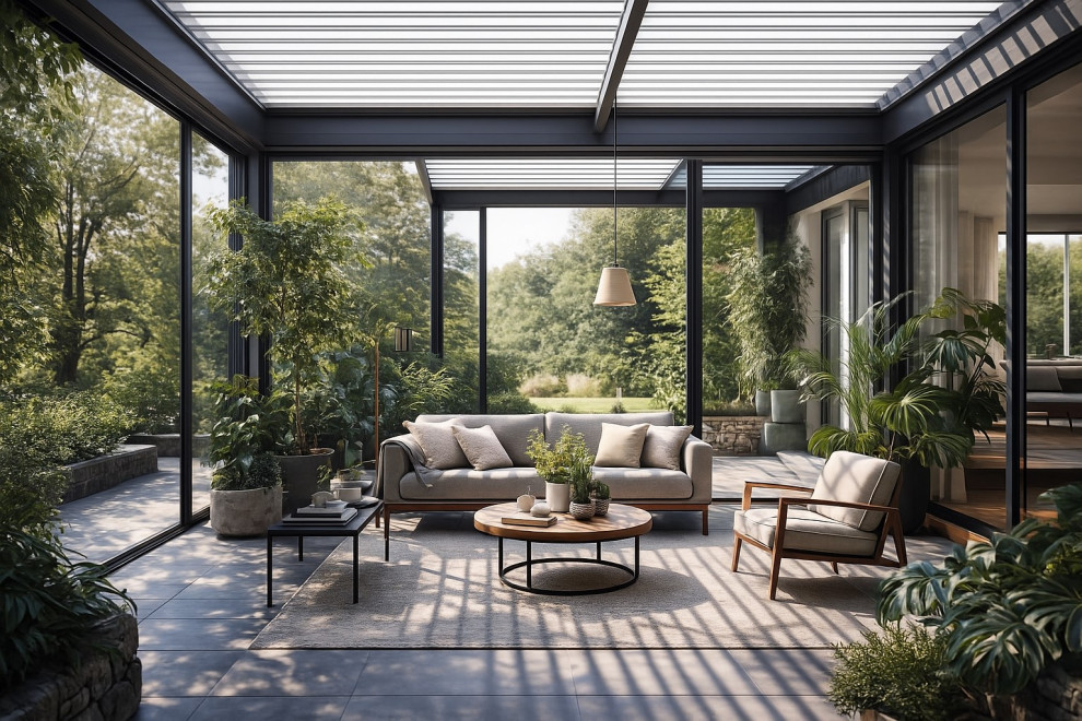 L'architettura vetrata diventa una stanza verde.