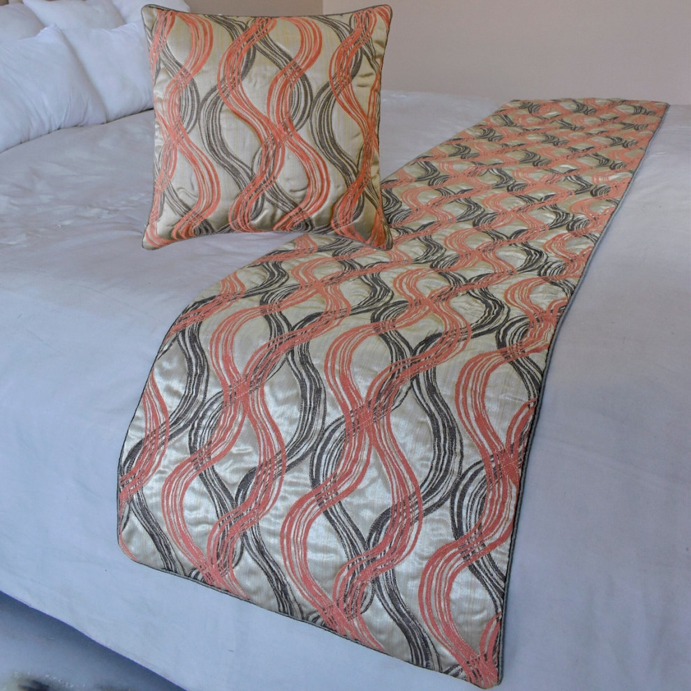 Luxury Orange Jacquard Full 68"x18" Bed Runner With 2 Pillow Cover-Orange Twirls