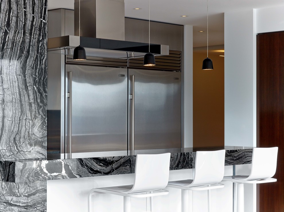 Design ideas for a contemporary single-wall kitchen in New York with stainless steel appliances and a peninsula.