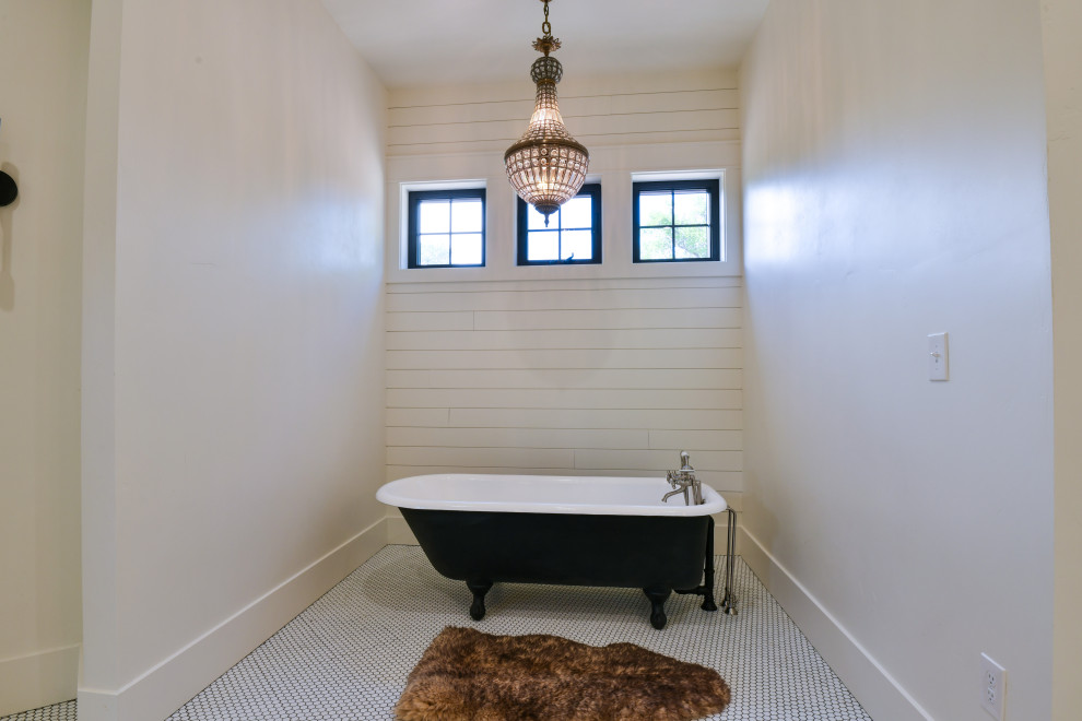Design ideas for an expansive arts and crafts master bathroom in New York with a claw-foot tub, an alcove shower, white tile, ceramic tile, white walls, pebble tile floors, a vessel sink, white floor, an open shower, a shower seat, a single vanity and wood walls.