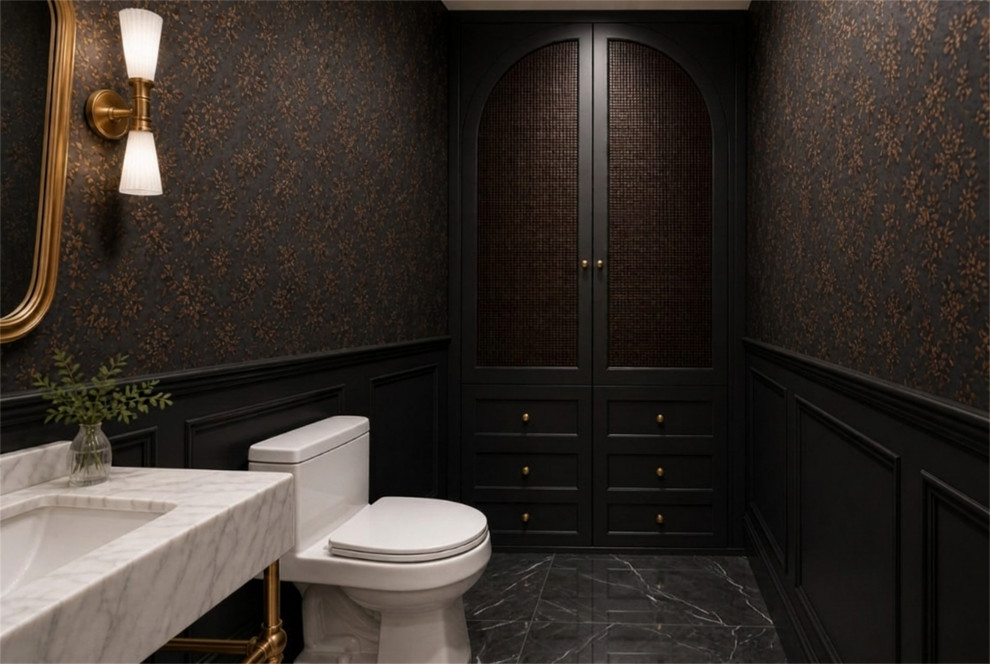 MOODY POaAFTER: MARBLE CONSOLE VANITY, GOLD SCONCE & CANE CABINETRYWDER ROOM REM