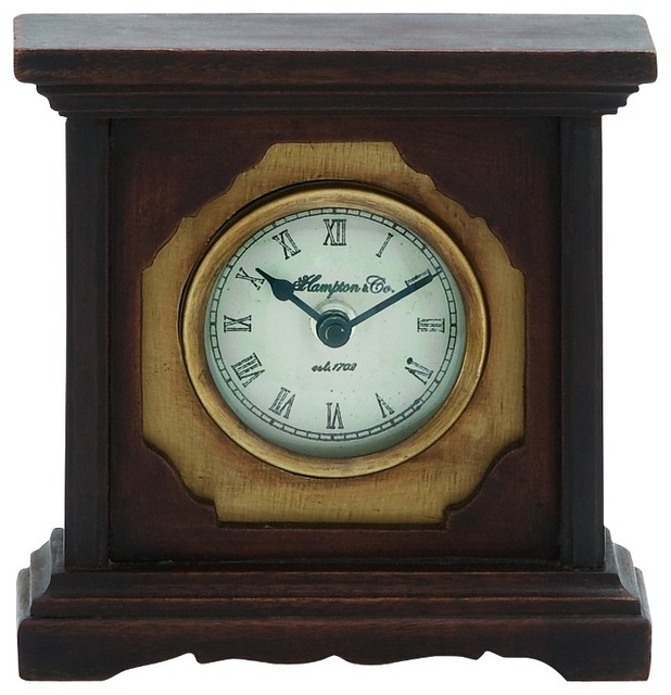 Mango Wood Table Clock Brown Brass Trim Old Fashioned Home Decor 27945