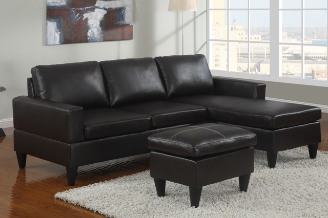 Modern Small Espresso Leather Sectional Sofa Reversible Chaise Ottoman