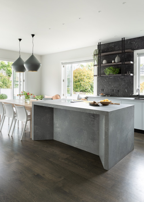 Combining Concrete Kitchen Island with Dark Wood Floor: Small Kitchen Shelf Inspirations for a Unique Look