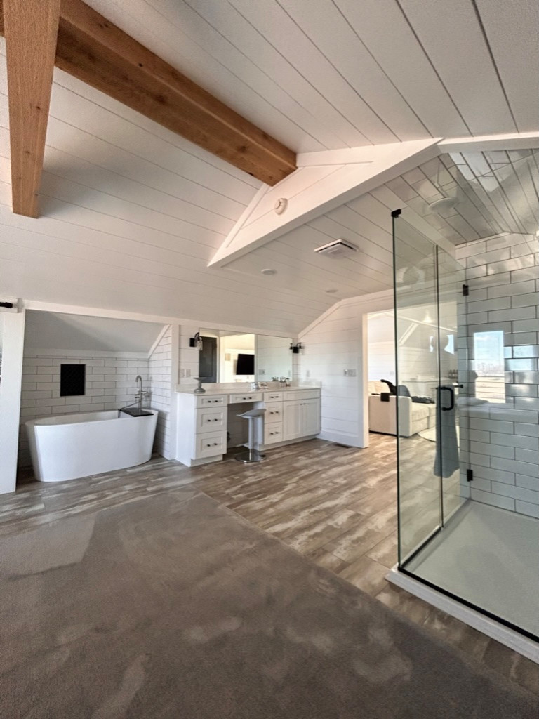 Exposed cedar beams, barndominium, post frame, new construction