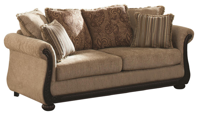 Beasley Traditional Sofa With Rolled Arms and Wood Trim - Traditional
