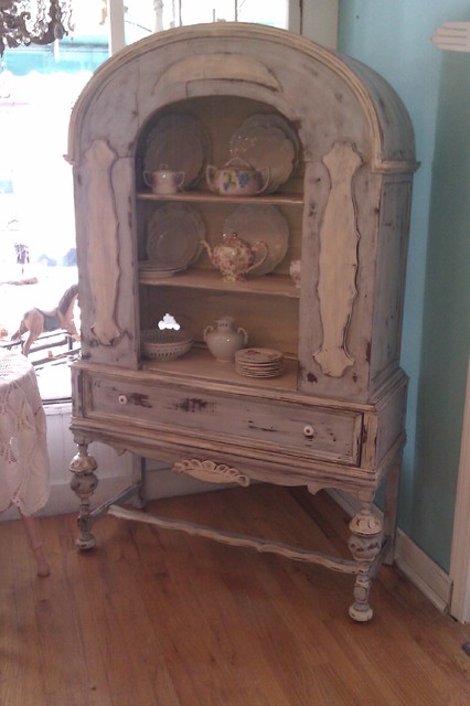 antique china cabinet in french blue distressed