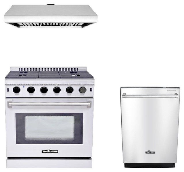 Thor Kitchen 3Piece 30" Gas Range 5 Burner, Range Hood and Dishwasher