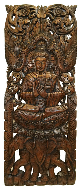 Asiana Home Decor Buddha Wood Wall Decor, Large Carved Wood Panel, Dark Brown - Wall Accents | Houzz