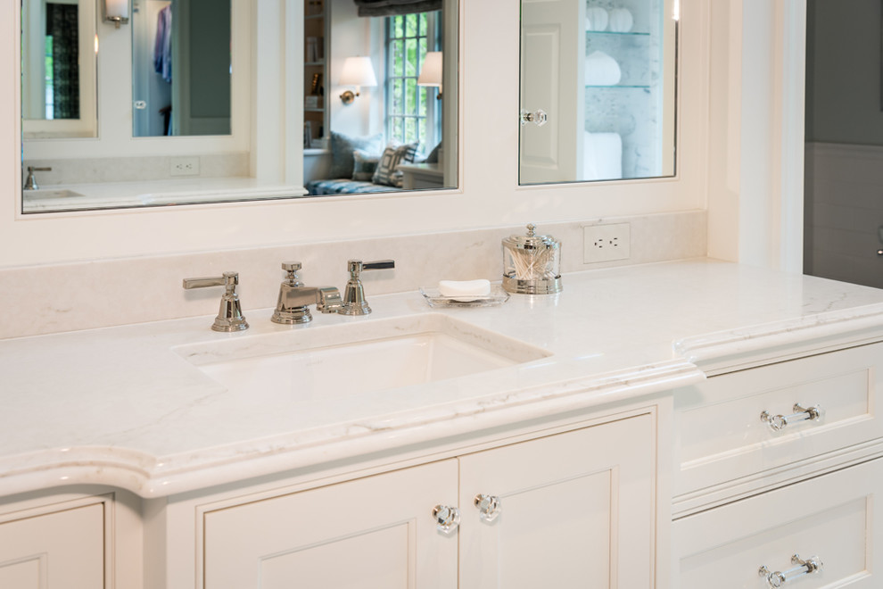 Inspiration for a traditional master bathroom in Philadelphia with white cabinets, black and white tile, stone tile, marble floors, an undermount sink, quartzite benchtops and furniture-like cabinets.