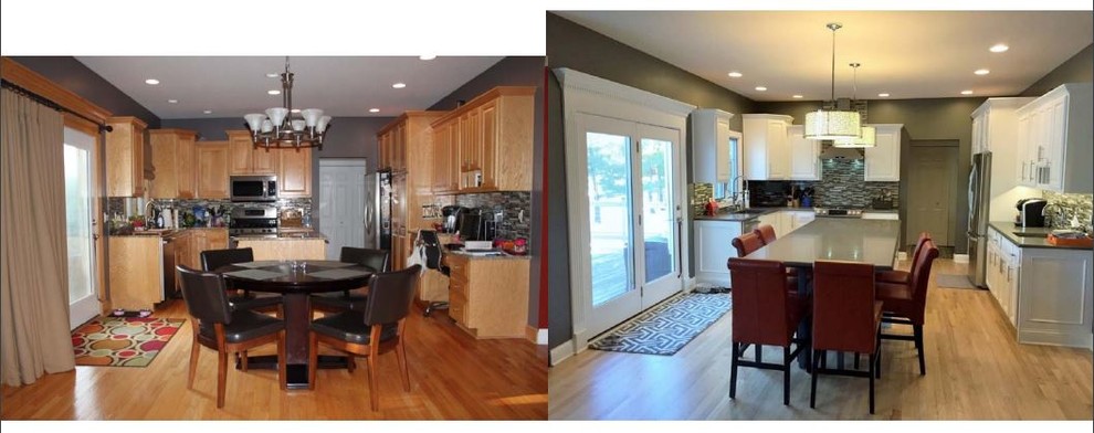 Inspiration for a galley light wood floor eat-in kitchen remodel with raised-panel cabinets, white cabinets and an island