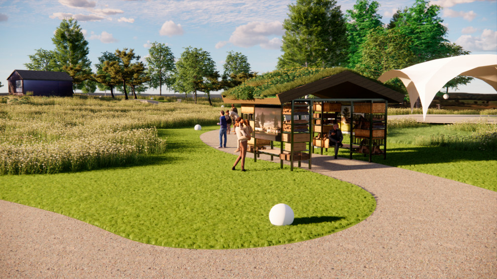 Идея дизайна: огромный солнечный, летний засухоустойчивый сад на склоне в современном стиле с с перголой, хорошей освещенностью и покрытием из гравия