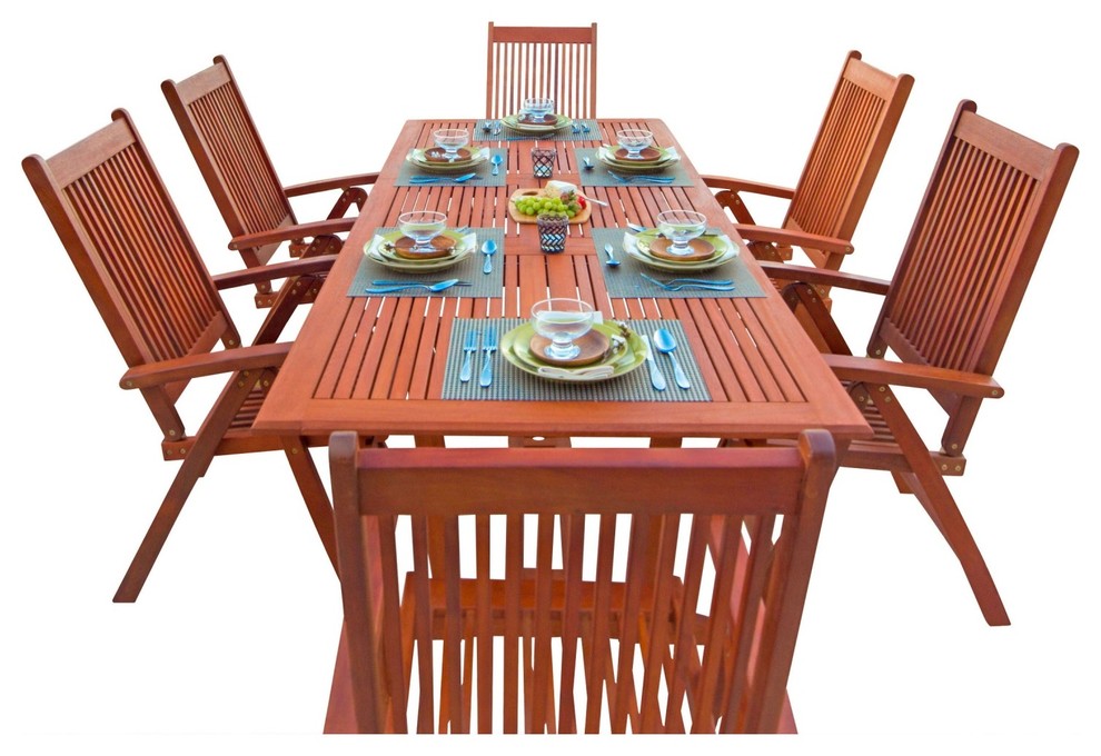 Outdoor 7piece Wood Patio Dining Set with Extension Table & Reclining