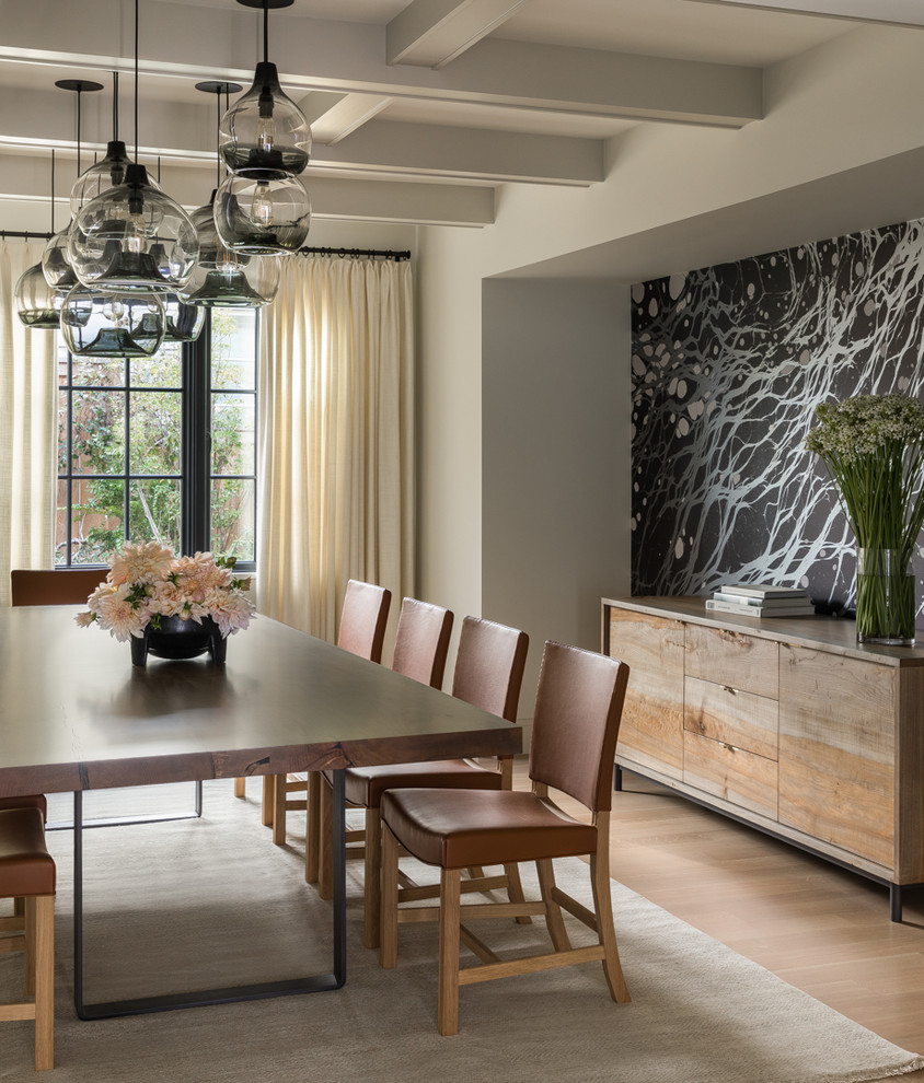 This is an example of a transitional dining room in Seattle with white walls, light hardwood floors and beige floor.