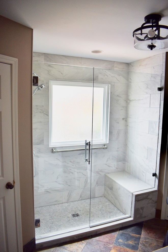 Large transitional master bathroom in Kansas City with white cabinets, white tile, porcelain tile, beige walls, slate floors, an undermount sink, engineered quartz benchtops and a hinged shower door.