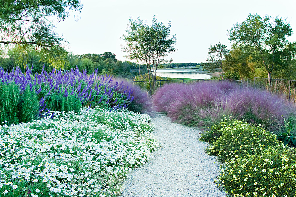 Inspiration for a rustic backyard gravel landscaping in Dallas.