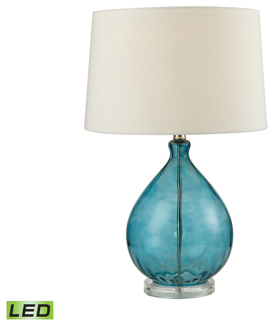 24" Wayfarer Glass Table Lamp, Teal w/ White Linen Shade Contemporary