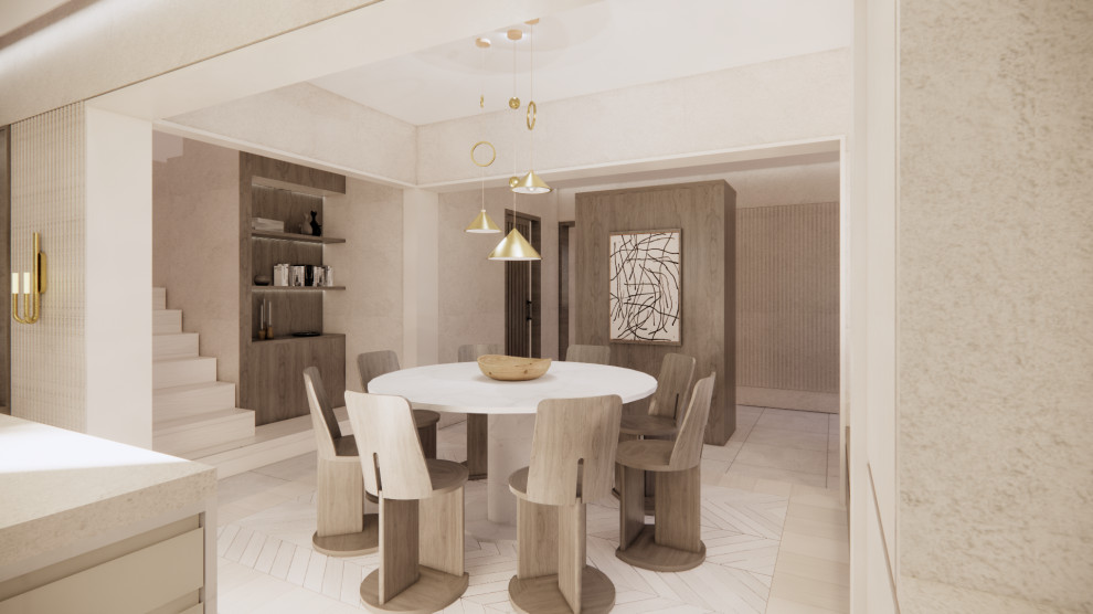 Large modern open plan dining with white walls, porcelain floors, white floor and recessed.