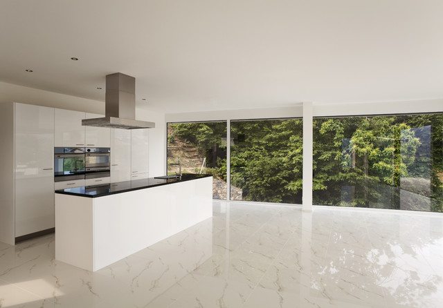 Kitchen Design With Calacatta Gold Marble Floor Tiles - Contemporary