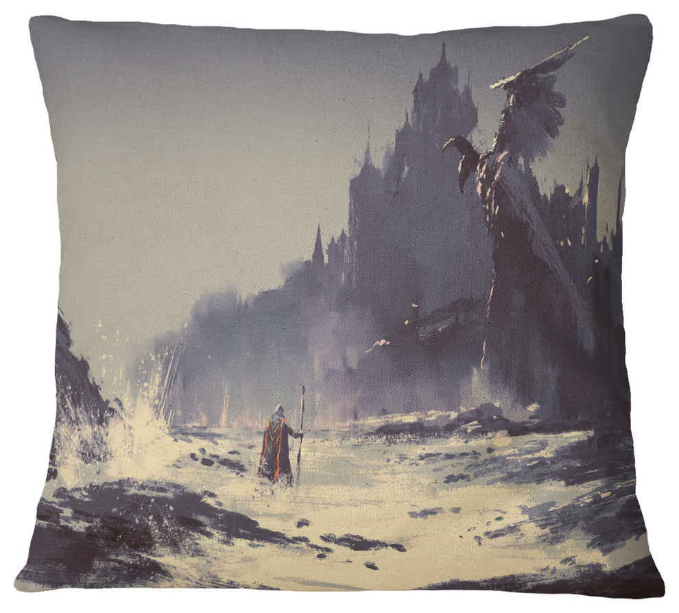 Dark Fantasy Castle Landscape Painting Throw Pillow, 18"x18"