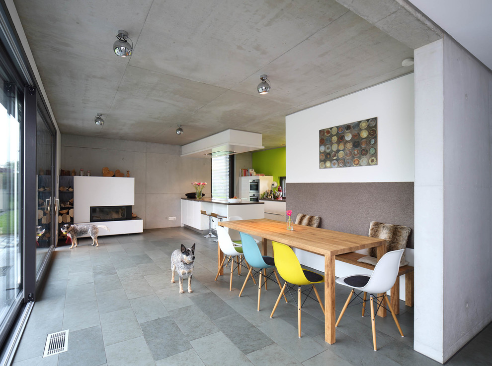 Photo of a large contemporary open plan dining in Stuttgart with a wood stove, a plaster fireplace surround, grey floor and white walls.