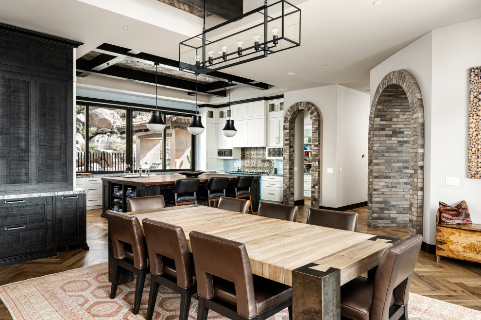 Inspiration for a huge southwestern u-shaped medium tone wood floor, beige floor and coffered ceiling eat-in kitchen remodel in Phoenix with shaker cabinets, white cabinets, wood countertops, blue backsplash, ceramic backsplash, colored appliances and an island