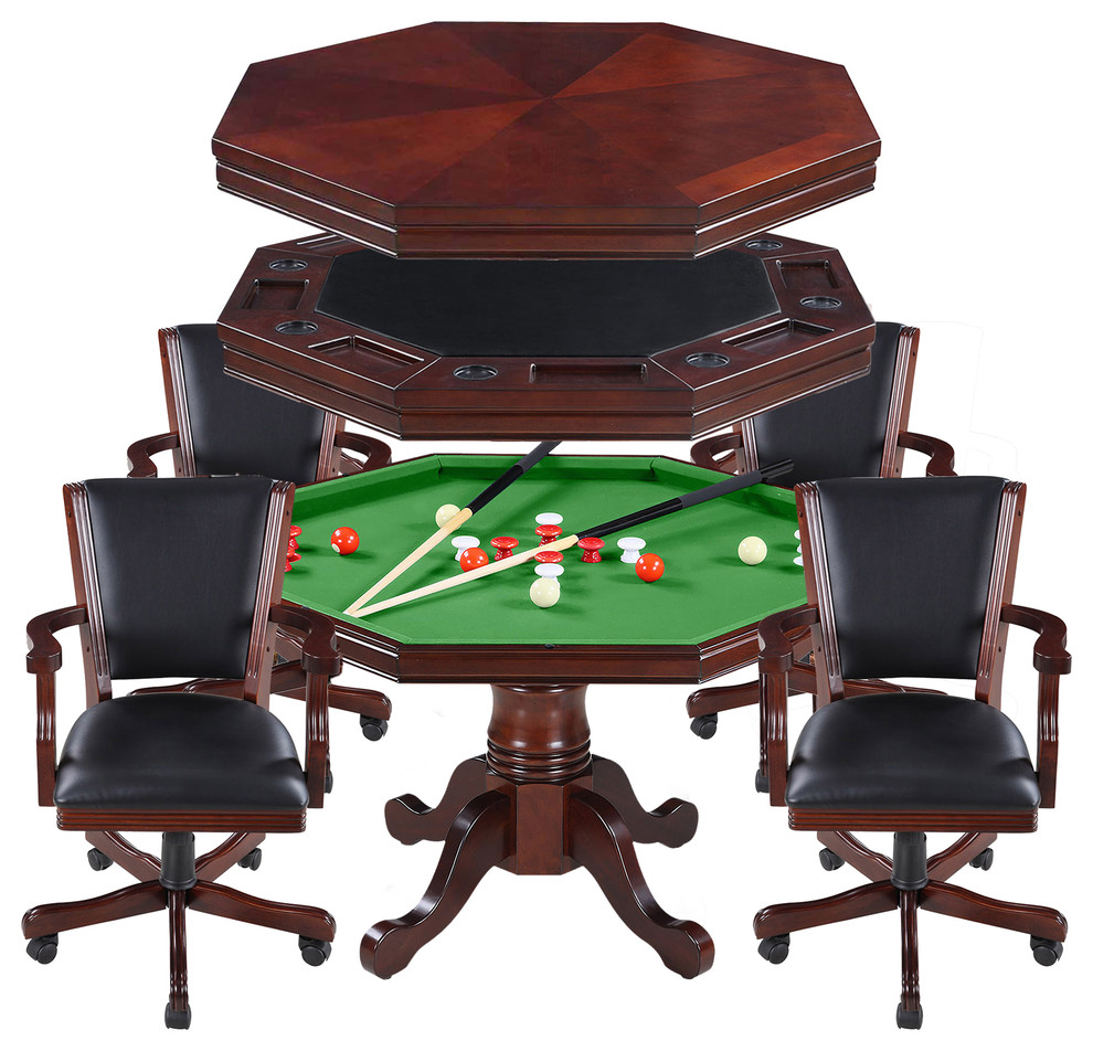 Hathaway Kingston 3-in-1 Poker Table With 4 Arm Chairs, Walnut