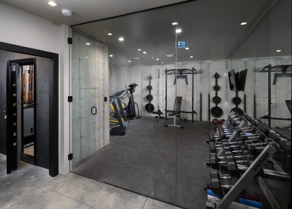 This is an example of an industrial multi-use home gym in Other with grey walls, carpet and grey floors.